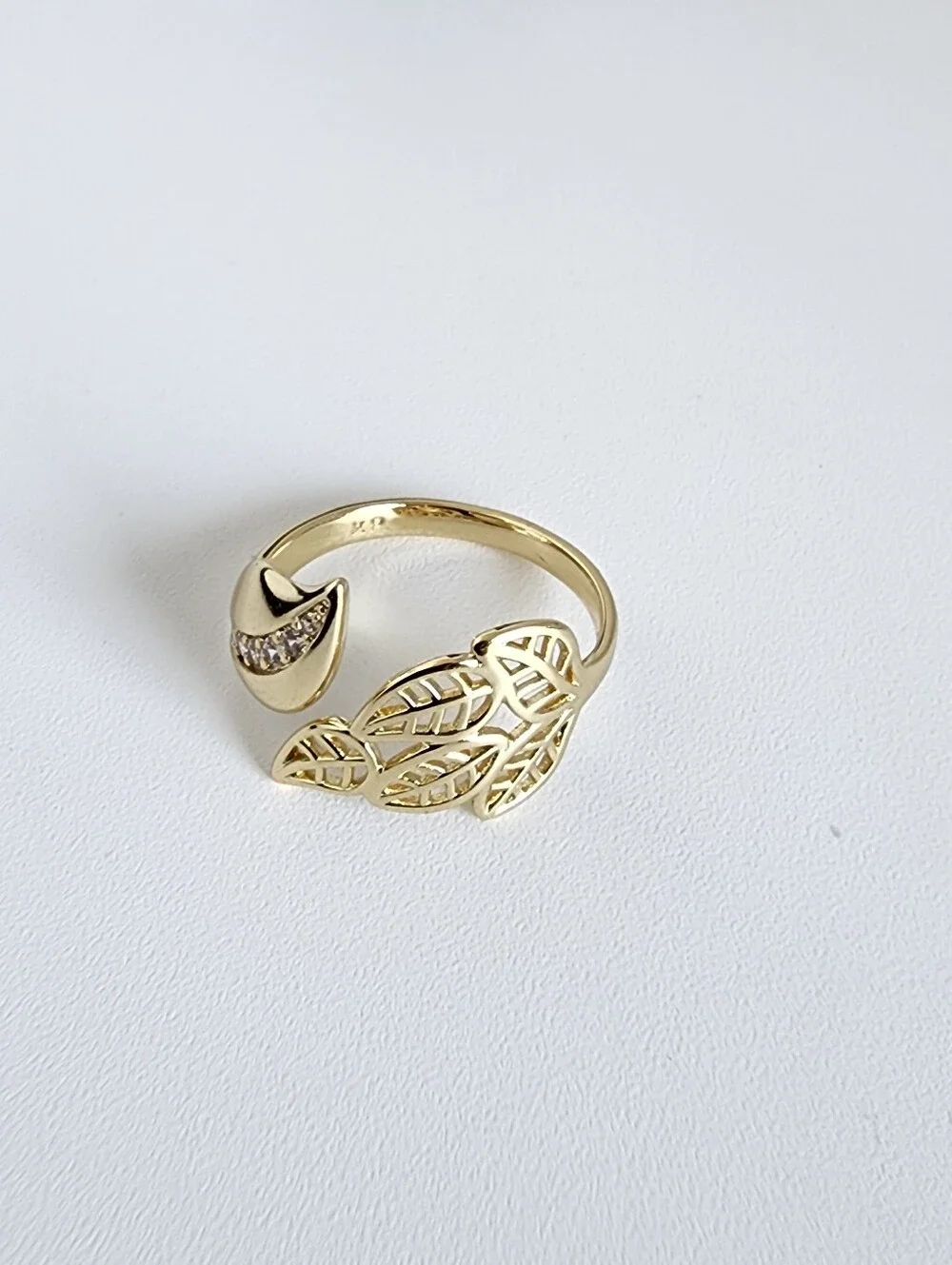 Gold Leaf Open Ring Zirconia Adjustable Size 8 Statement Ring - Picture 3 of 6
